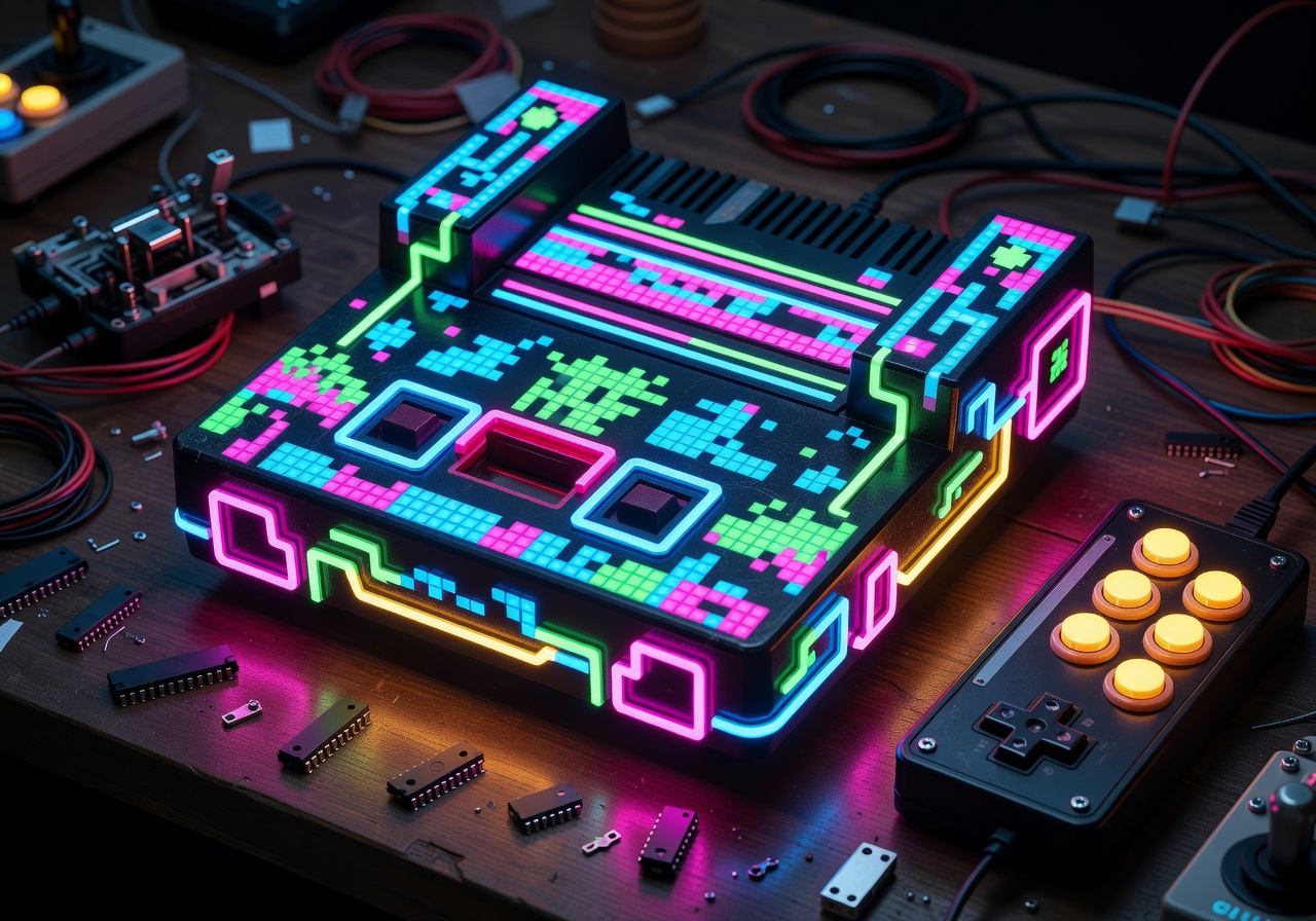 Vibrant pixelated retro 8-bit gaming console layout mockup with neon tubes and arcade button glow